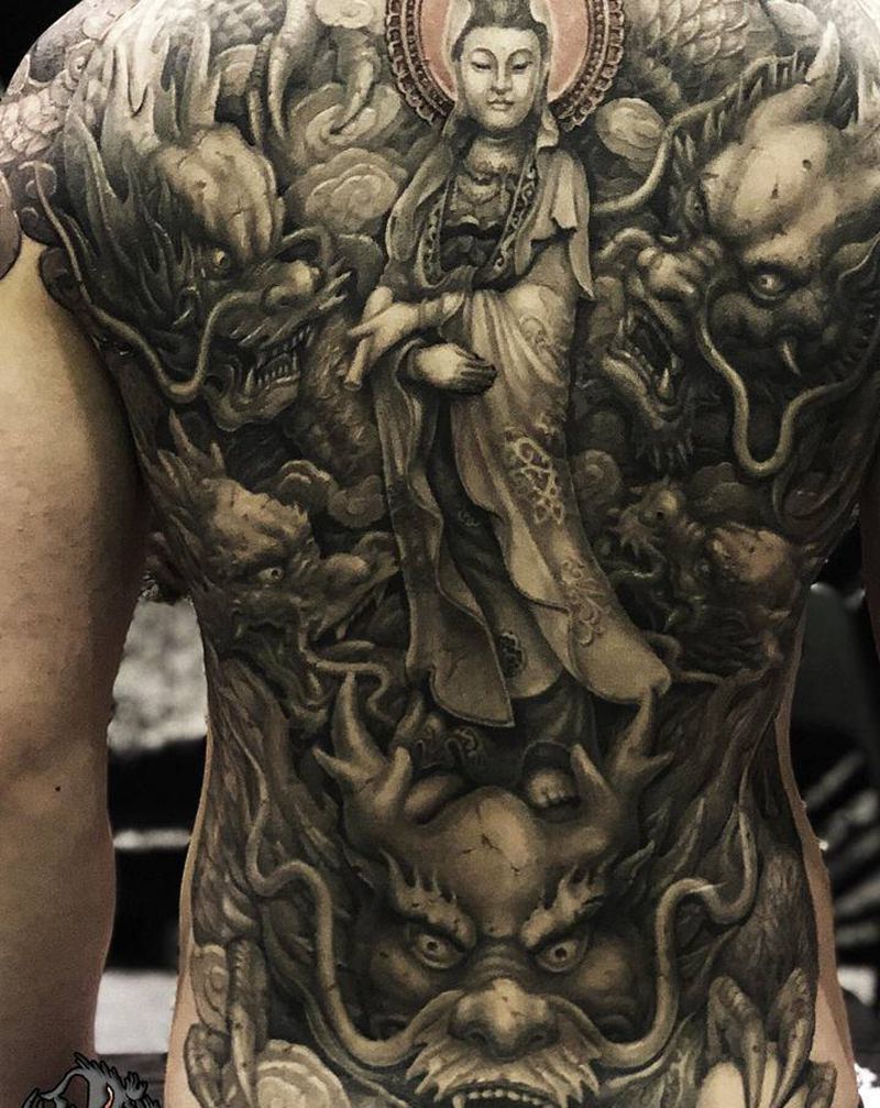 石雕作品。5龙观音纹身图片_背部石雕纹身图案