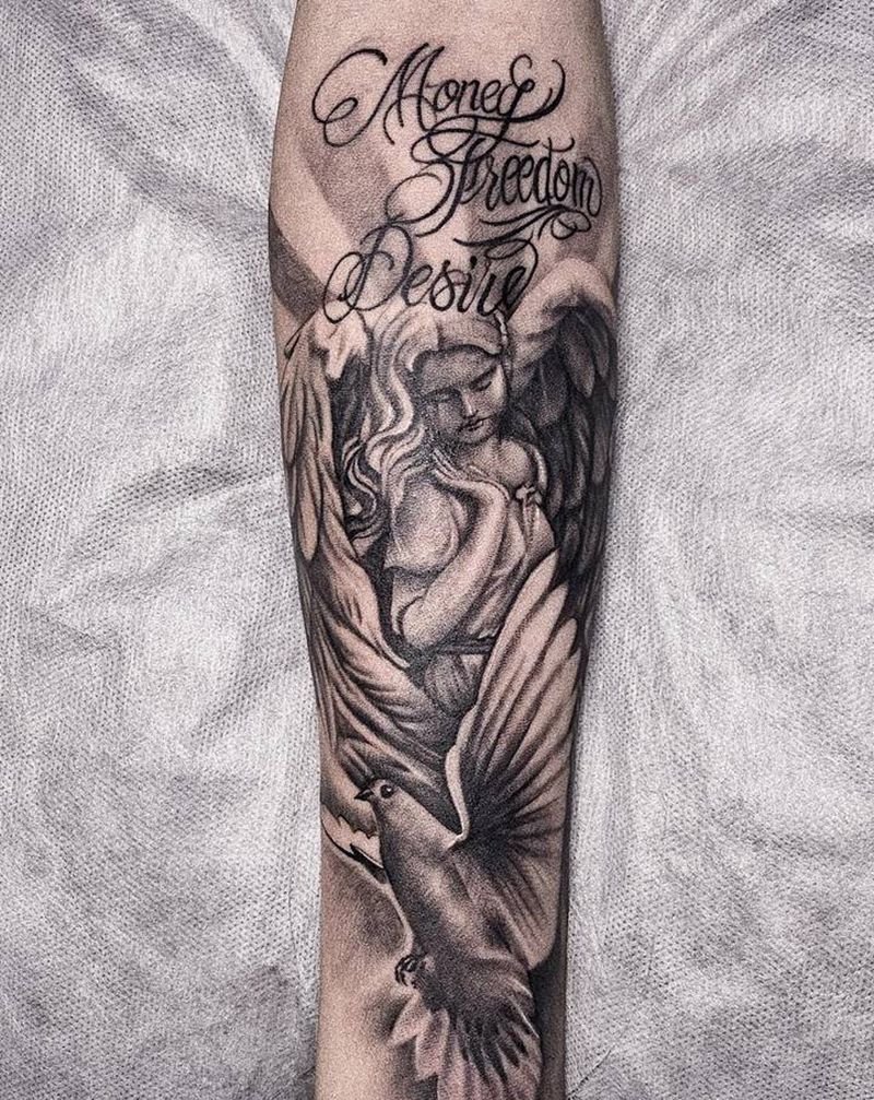 天使雕像鸽子纹身图片_手臂欧美写实纹身图案