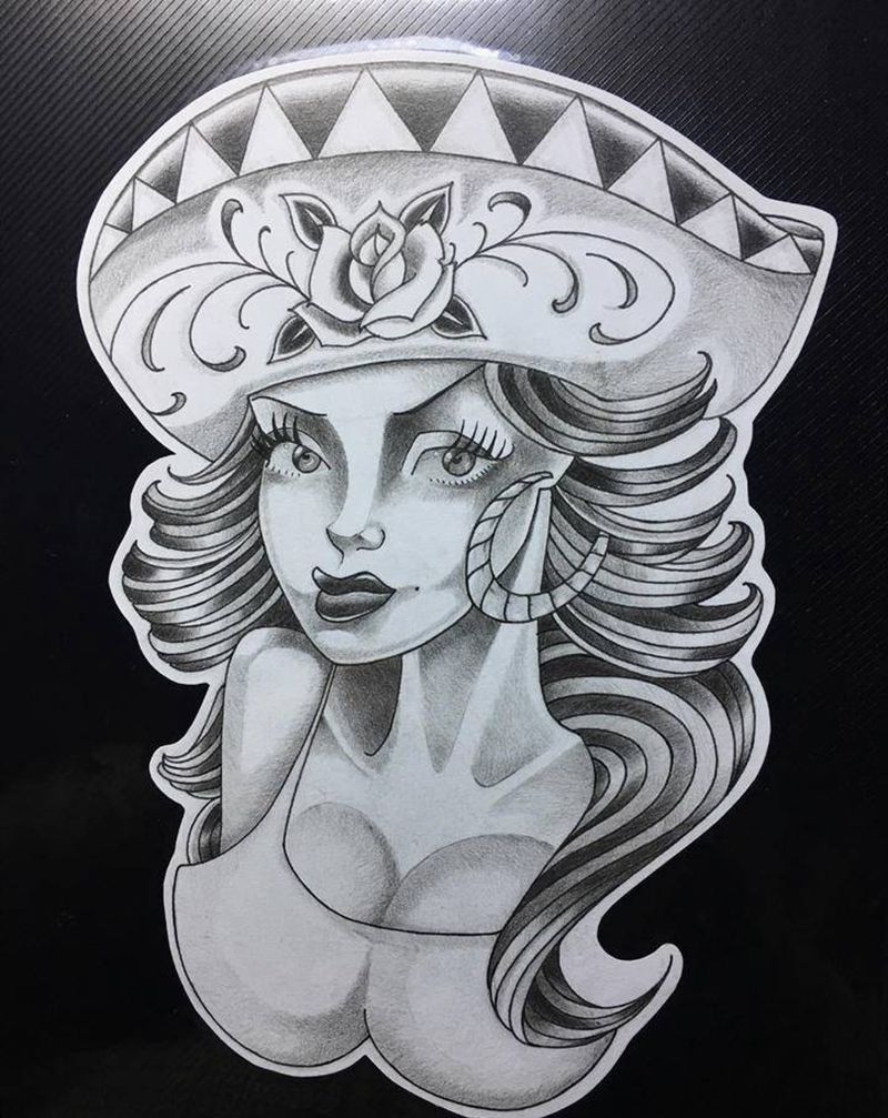 墨西哥女郎手稿纹身图片_手臂腿部欧美写实黑灰肖像纹身图案