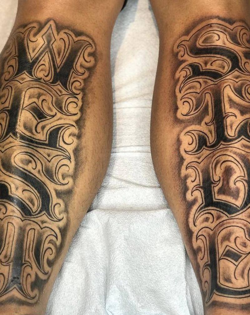 小腿花体字纹身图片_腿部花体字westside纹身图案