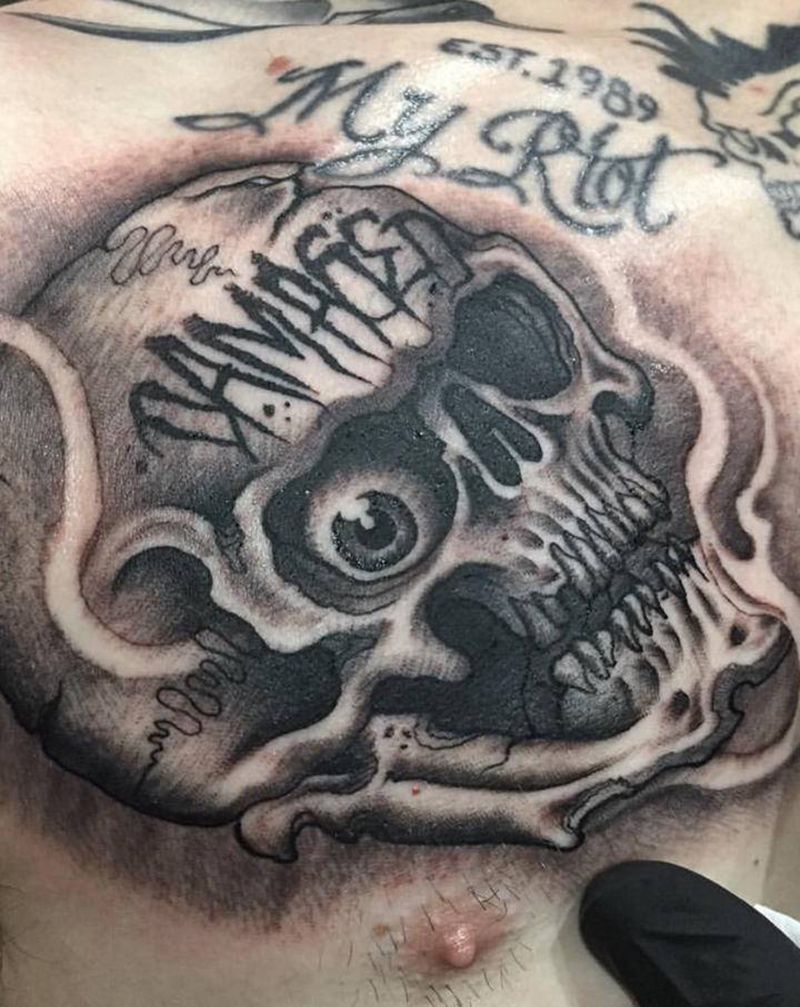 new school风格骷髅纹身图片_胸部背部New School骷髅纹身图案