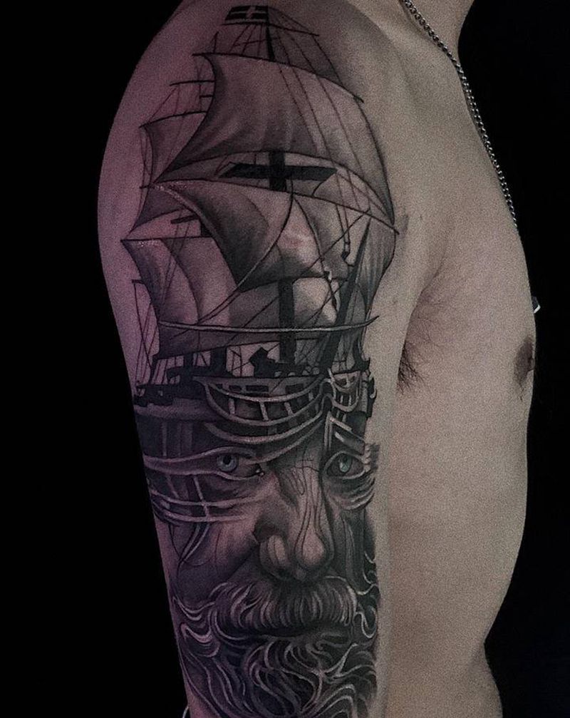 海王帆船纹身图片_手臂欧美写实纹身图案