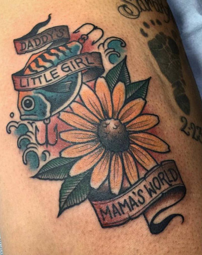 old school花和鱼纹身图片_手臂腰部Old School鱼花丝带纹身图案