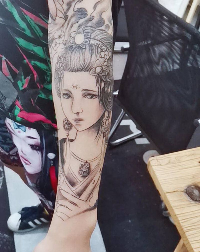 艺妓纹身图片_手臂新传统老传统纹身图案