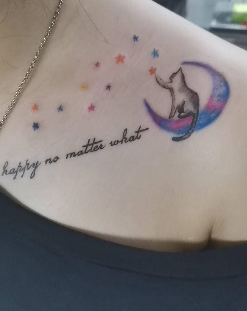 猫纹身图片_肩部水彩纹身图案