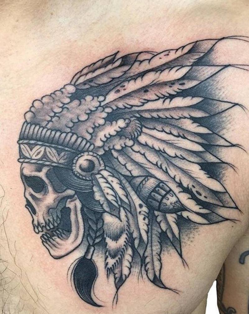 黑灰骷髅酋长纹身图片_胸部手臂Old School骷髅印第安纹身图案