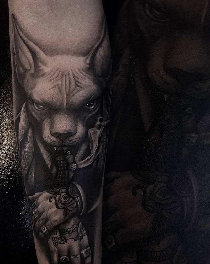 斯芬克斯无毛猫纹身图片_手臂欧美写实纹身图案