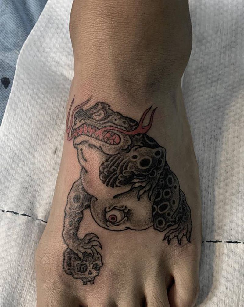 青蛙踏骷髅纹身图片_脚部老传统纹身图案