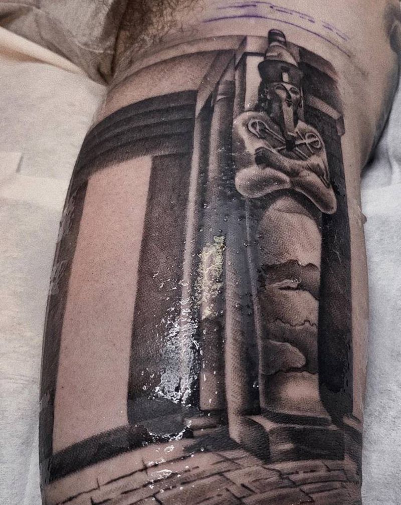 埃及石像纹身图片_手臂欧美写实纹身图案