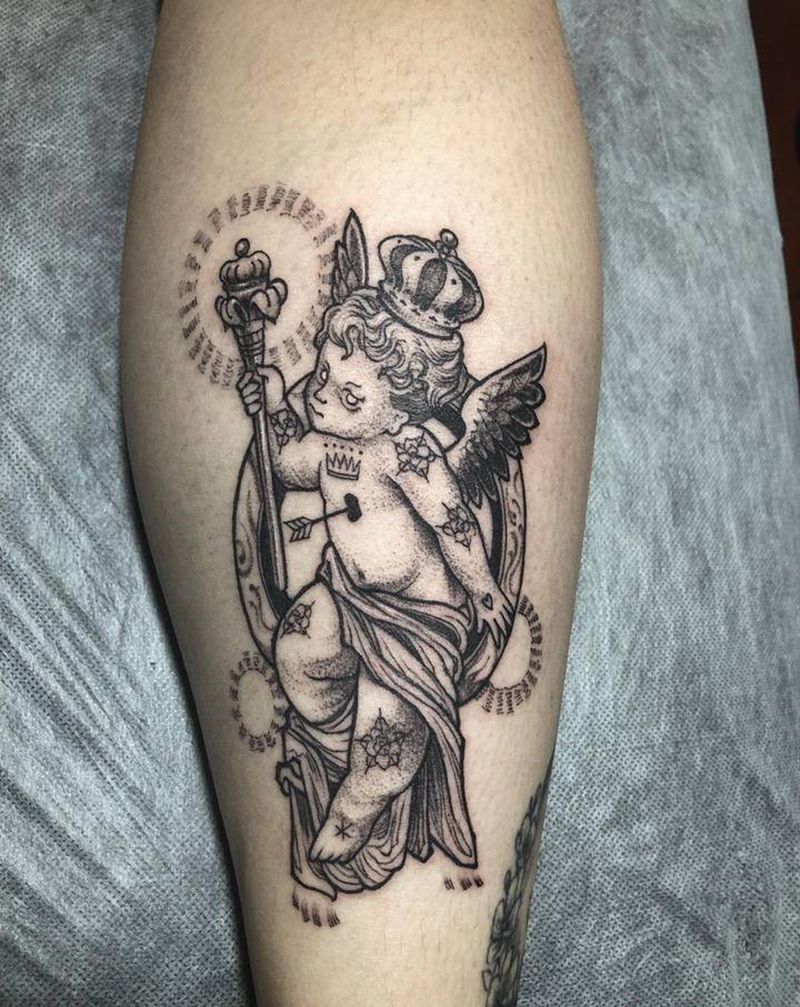 天使纹身图片_腿部欧美写实纹身图案