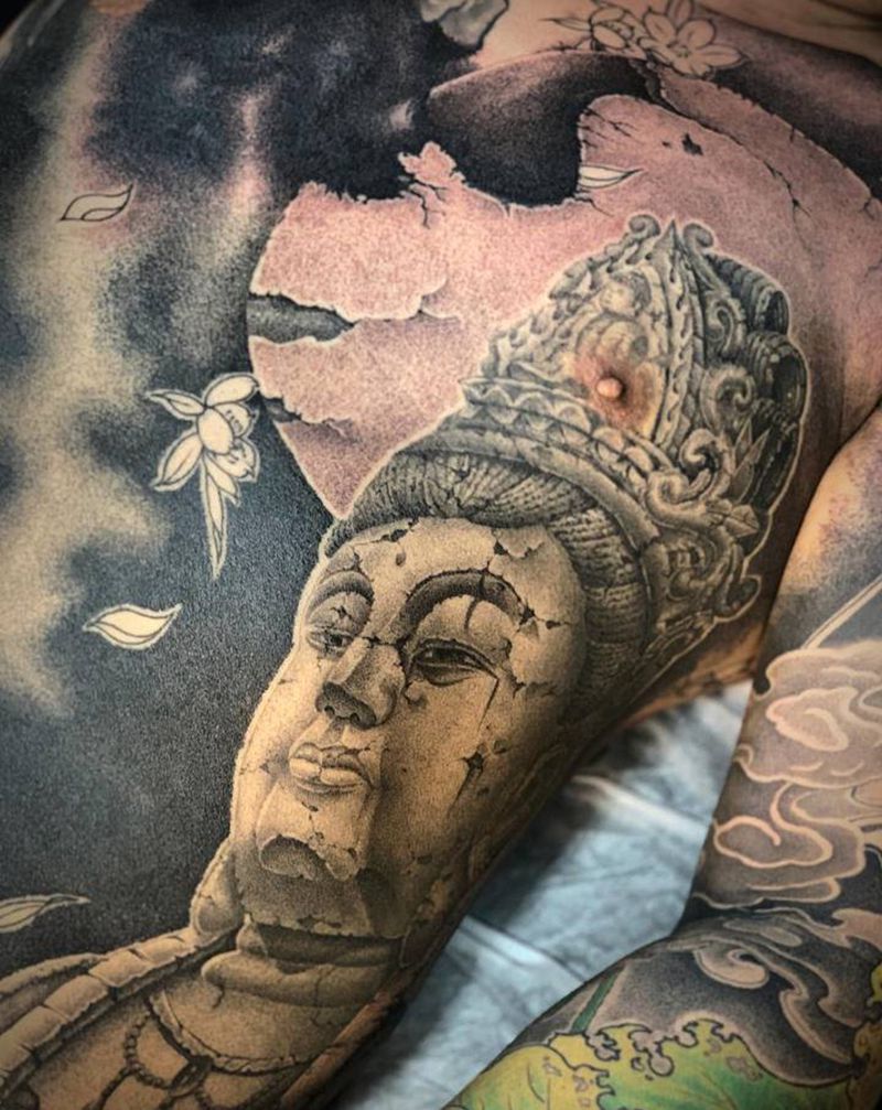 观音纹身图片_腹部腰部新传统点刺纹身图案