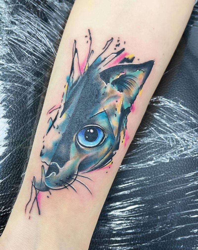 泼墨猫咪遮盖纹身图片_手臂水墨水彩纹身图案