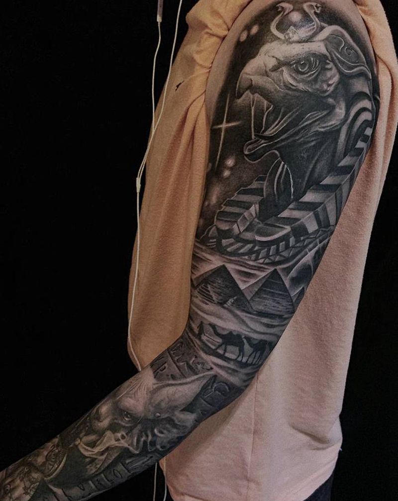 埃及主题花臂纹身图片_手臂欧美写实纹身图案