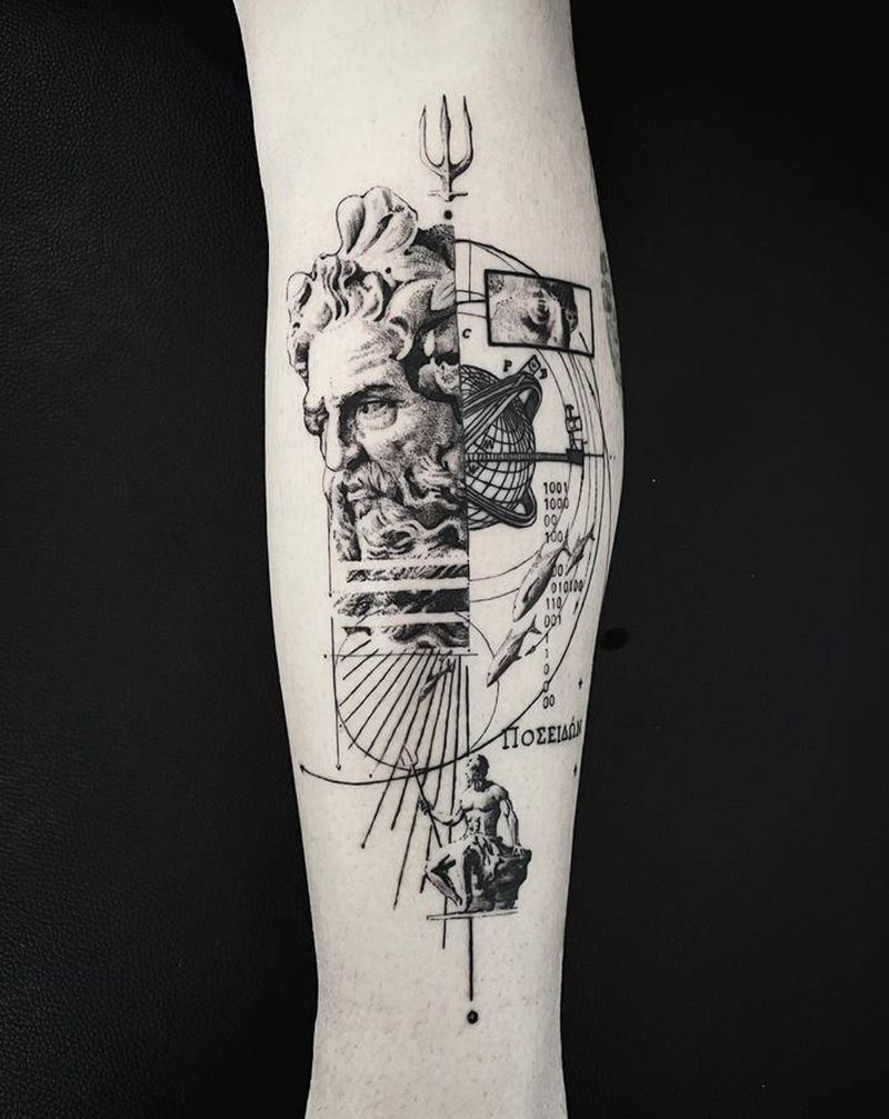 波塞冬纹身图片_腿部欧美写实几何纹身图案