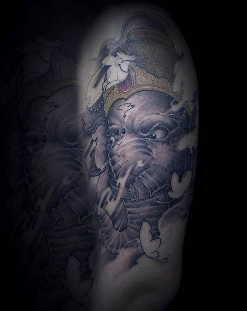 传统象神纹身图片_手臂新传统纹身图案