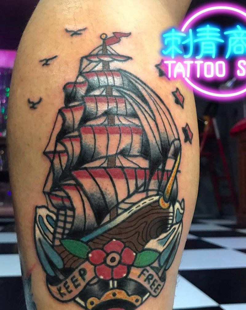 帆船纹身图片_腿部Old School纹身图案