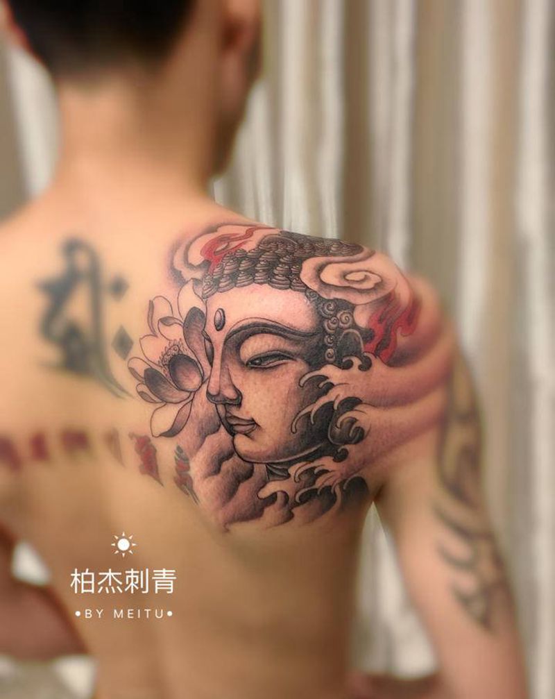 佛头纹身图片_肩部新传统老传统纹身图案