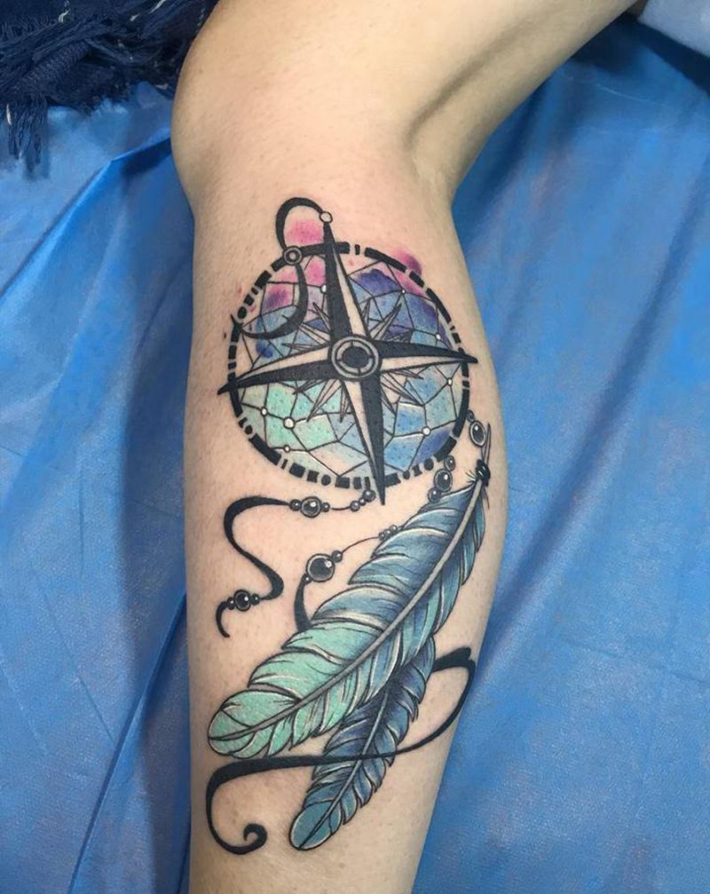 彩色捕梦网纹身图片_腿部水彩捕梦网羽毛南京纹身图案