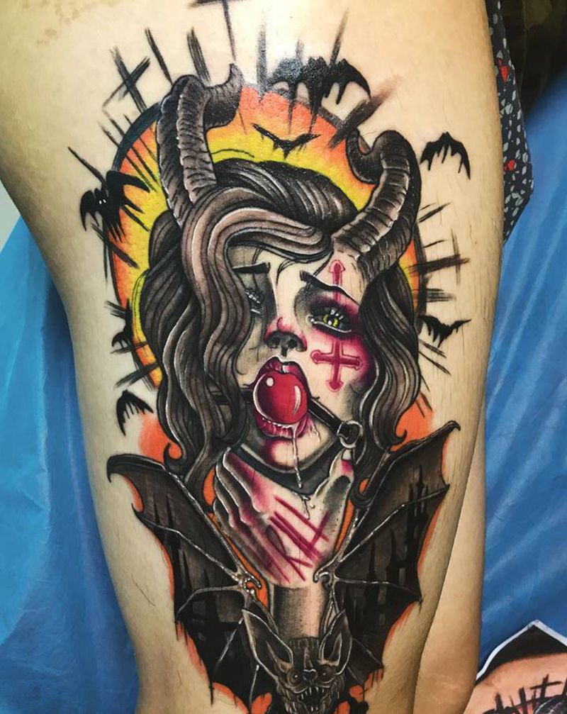 欧美 彩色作品纹身图片_腿部水彩New School南京彩色美女纹身图案