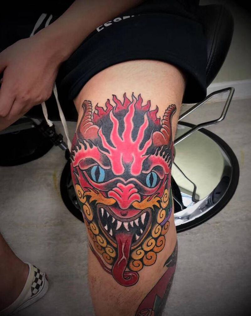 红魔鬼纹身图片_腿部Old School纹身图案