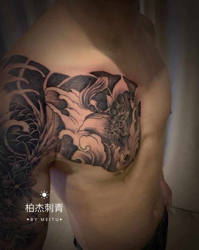 半甲纹身图片_胸部手臂新传统纹身图案