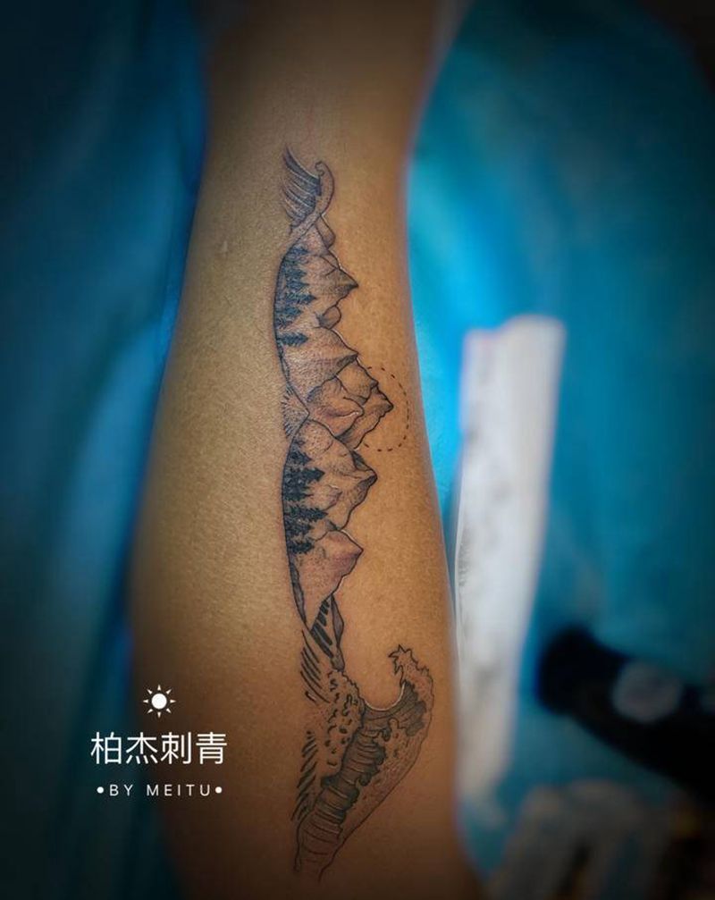 山水纹身图片_腿部新传统纹身图案