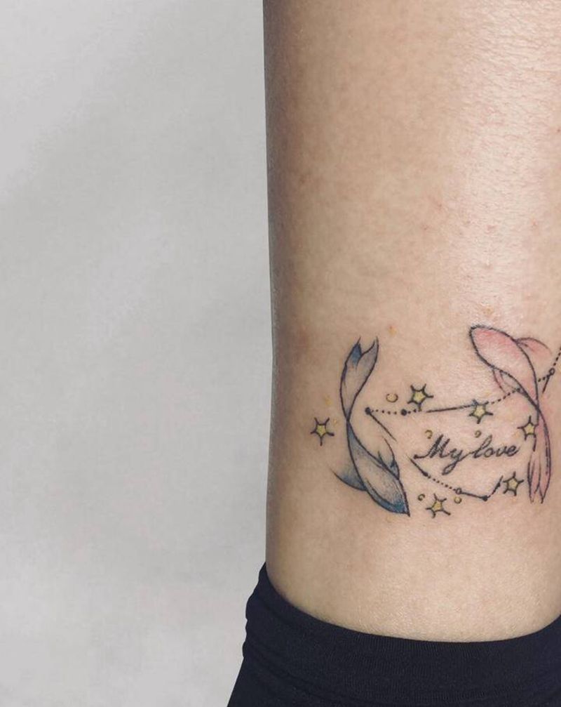 星座“双鱼座”纹身图片_腿部水彩双鱼座水彩纹身图案