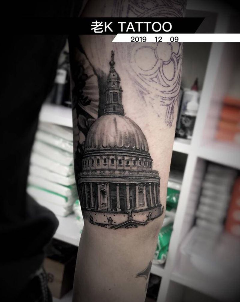 教堂纹身图片_手臂欧美写实纹身图案
