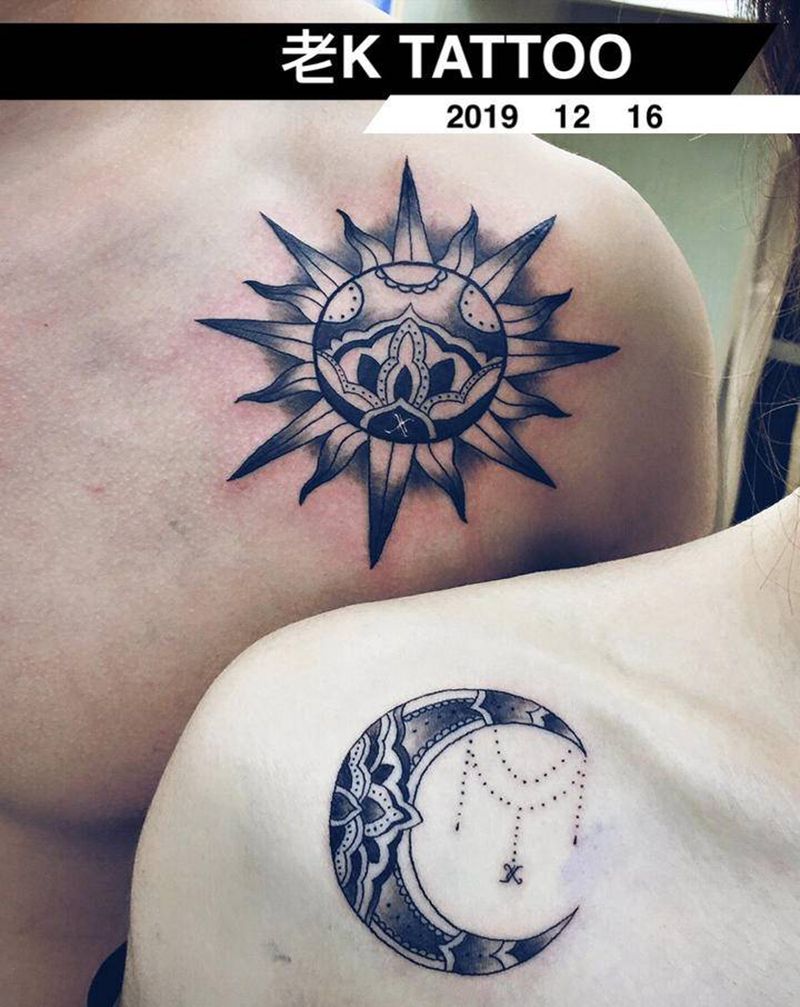 情侣 日&月纹身图片_肩部纹身图案