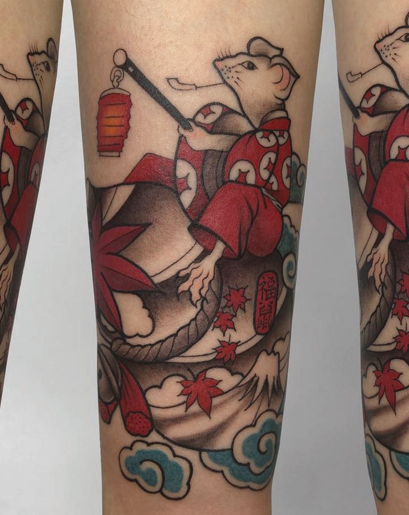 福鼠纹身图片_手臂老传统New School祥云纹身图案