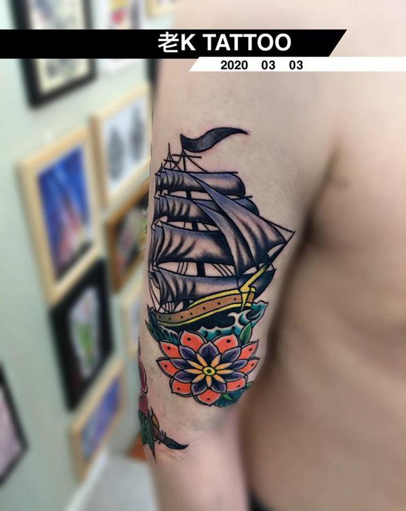 帆船纹身图片_手臂Old School纹身图案