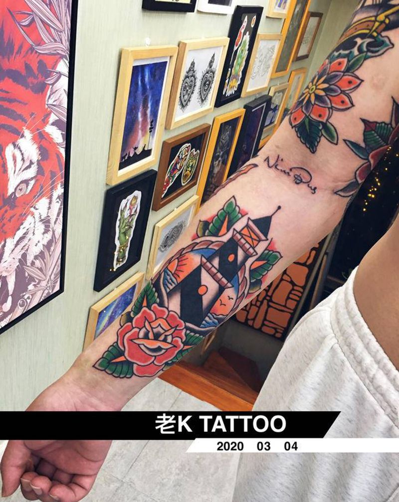 灯塔、蝴蝶纹身图片_手臂Old School纹身图案