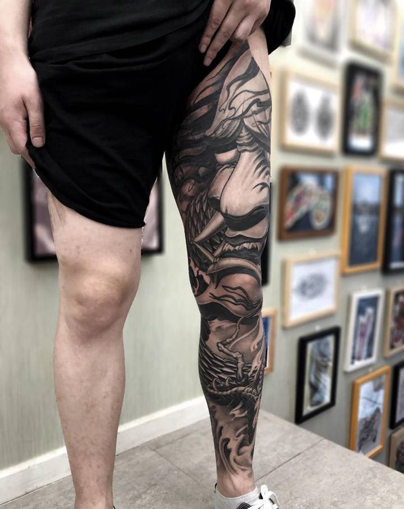 花腿般若 未完成纹身图片_腿部新传统纹身图案