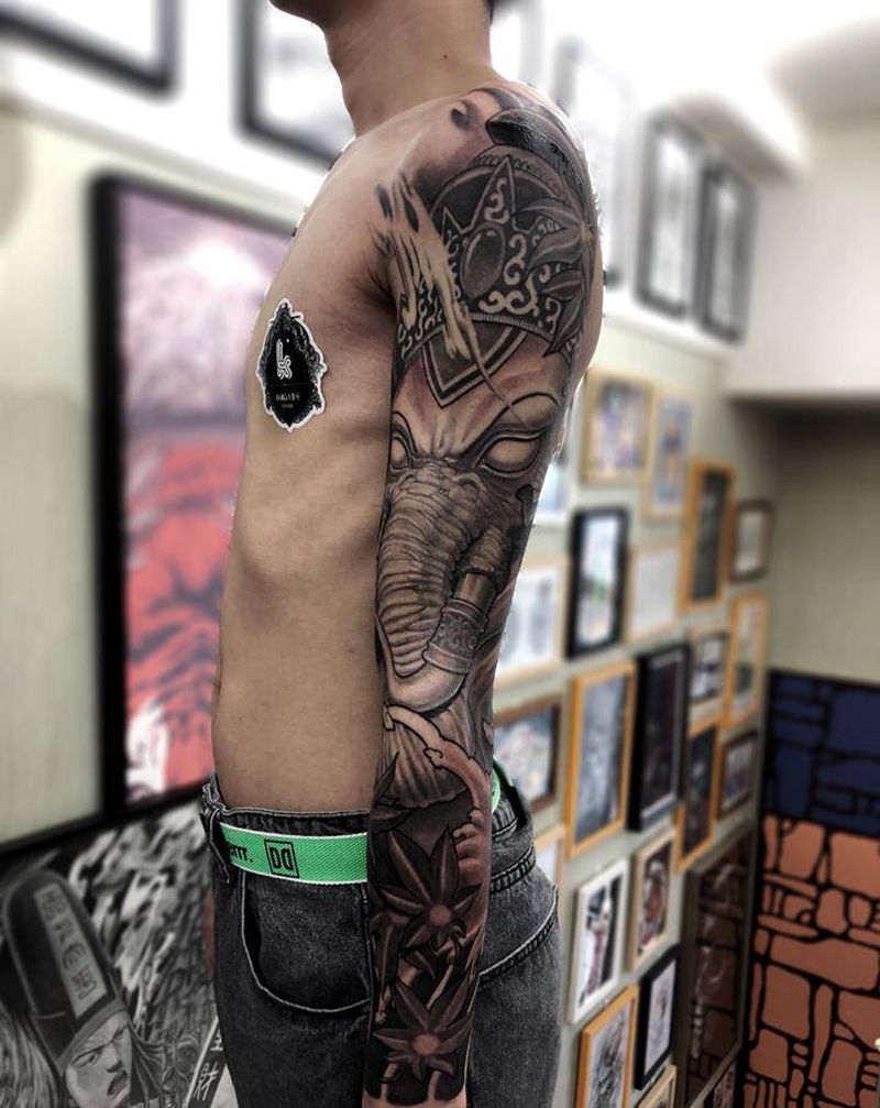 象神花臂纹身图片_欧美写实新传统纹身图案