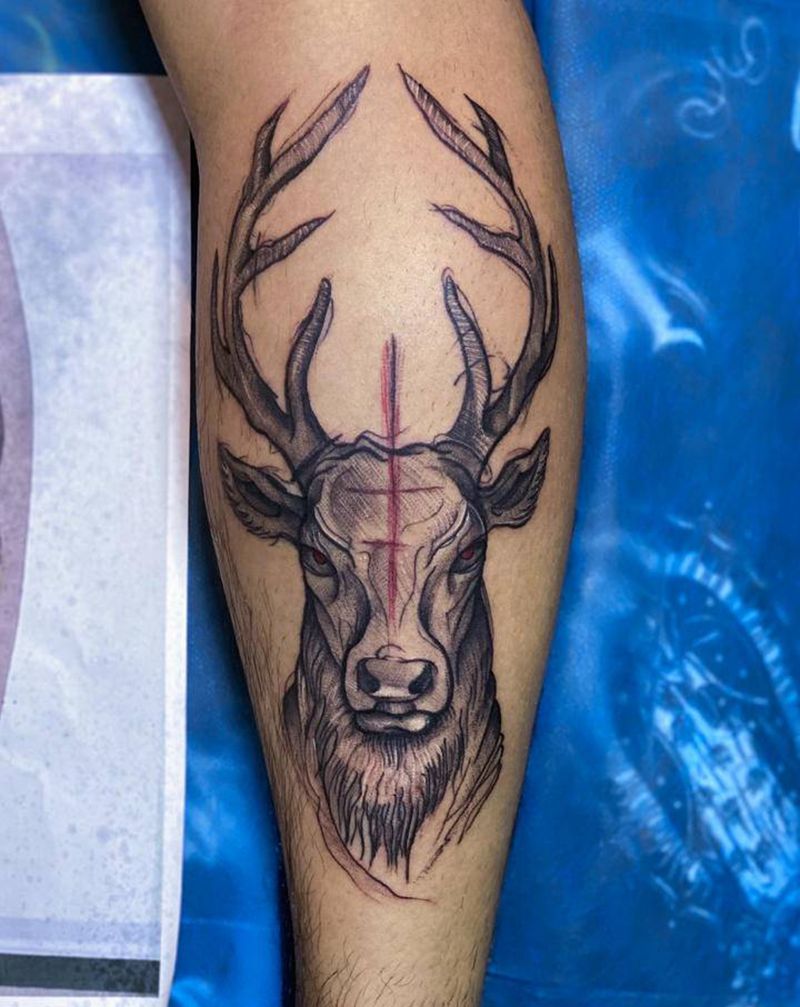 速写风格 鹿纹身图片_腿部欧美写实点刺鹿南京速写纹身图案