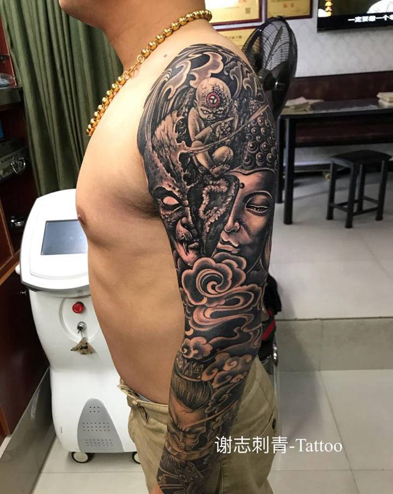 传统花臂纹身图片_手臂老传统新传统纹身图案