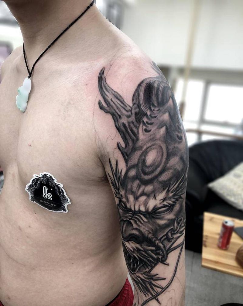 龙花臂  未完纹身图片_手臂新传统欧美写实纹身图案