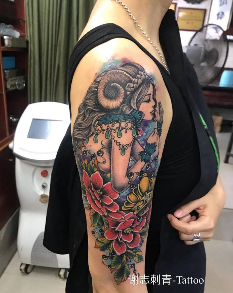 白羊座纹身图片_手臂新传统水彩纹身图案