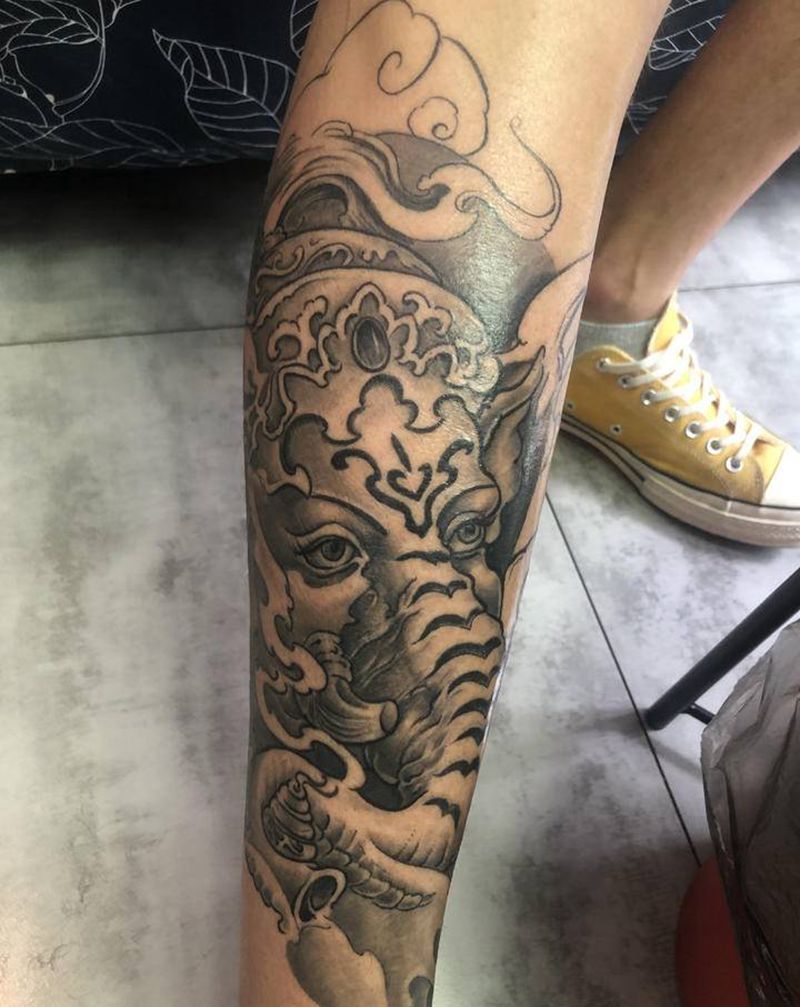 象神纹身图片_腿部新传统老传统象神南京纹身图案