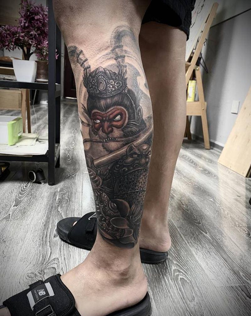 孙悟空纹身图片_腿部新传统猴哥纹身图案