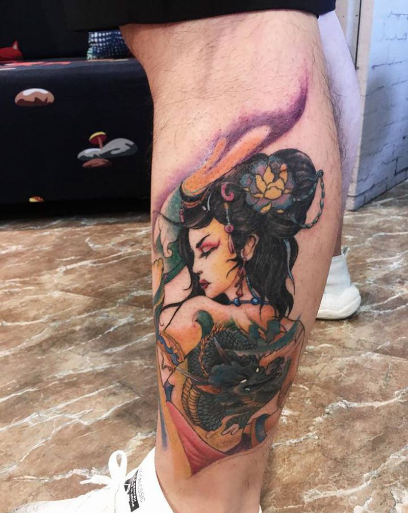 龙姬纹身图片_腿部新传统纹身图案
