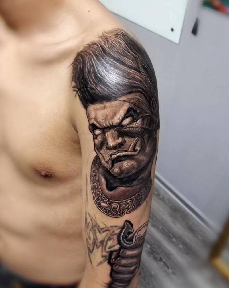 不动明王纹身图片_手臂新传统欧美写实纹身图案