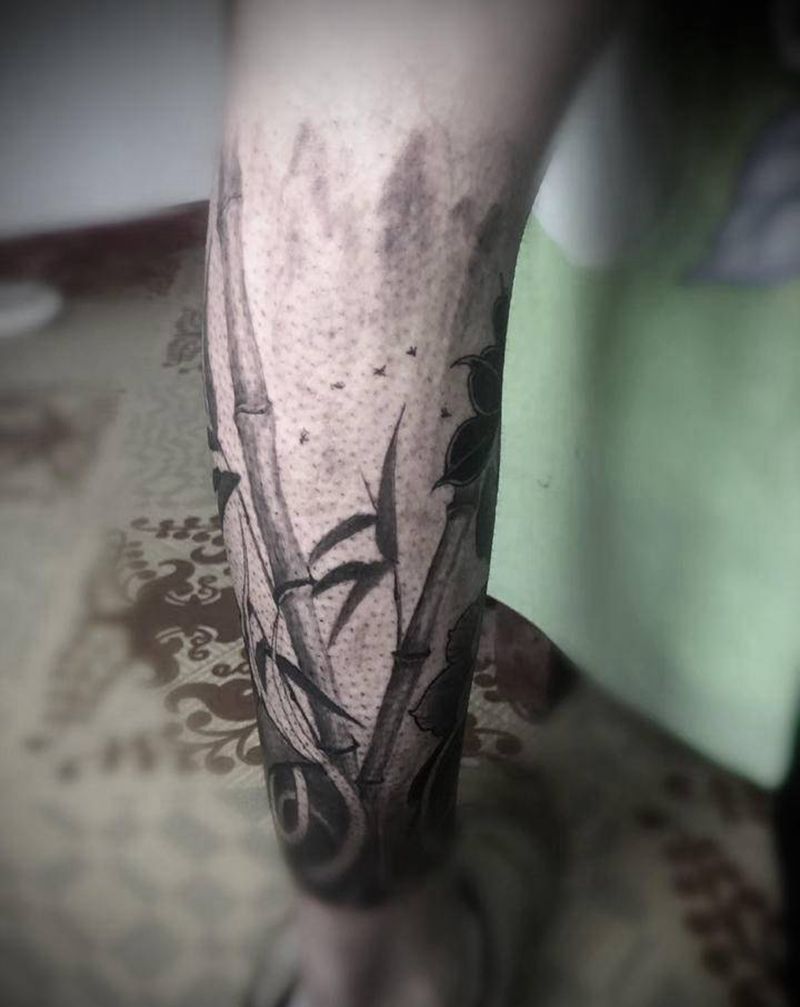 竹。 花纹身图片_腿部新传统纹身图案