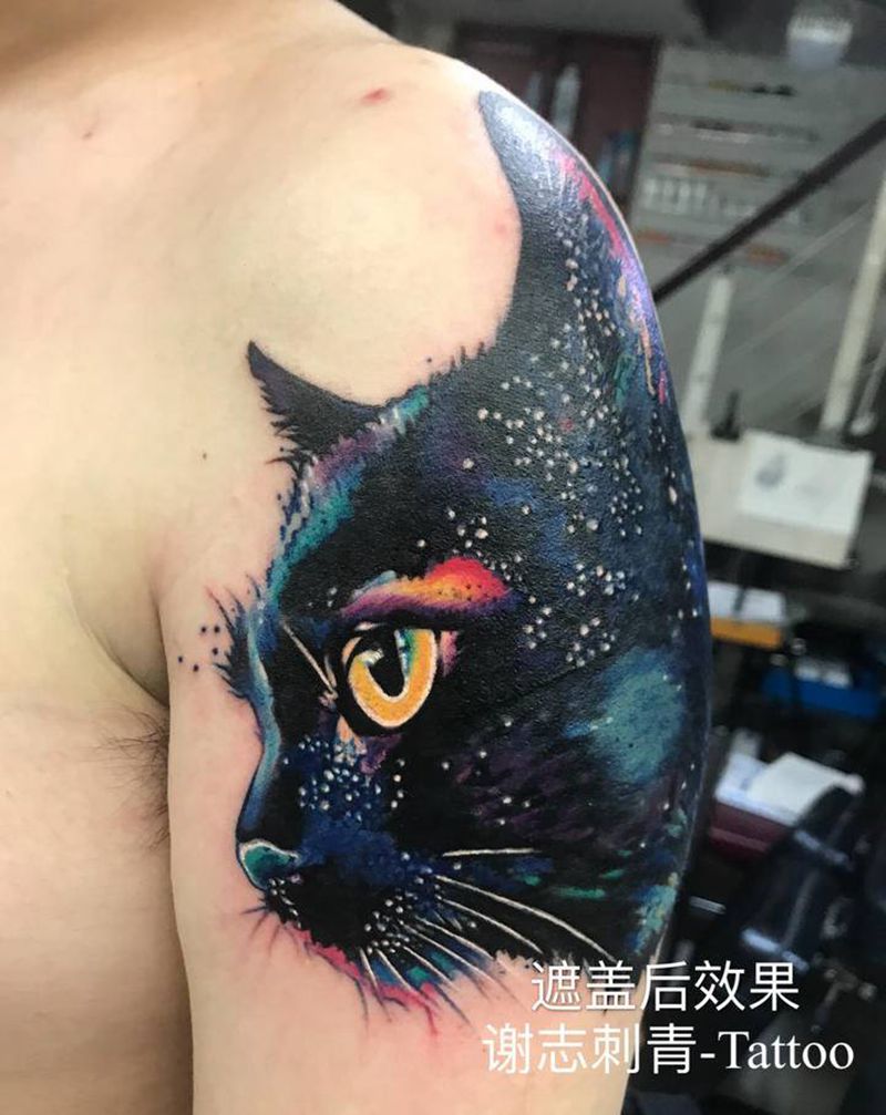 星空猫纹身图片_手臂水墨水彩纹身图案