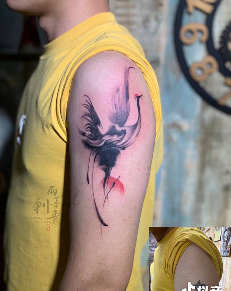 遮盖仙鹤纹身图片_手臂水彩纹身图案