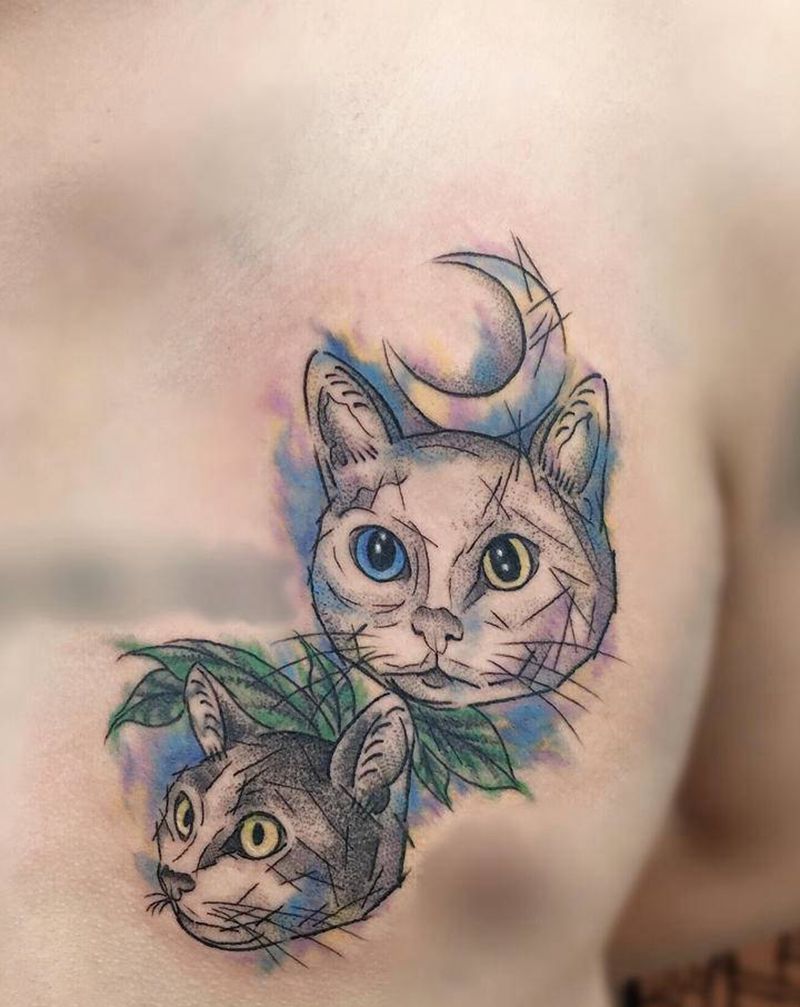 水彩速写猫咪遮盖纹身图片_胸部水墨水彩纹身图案