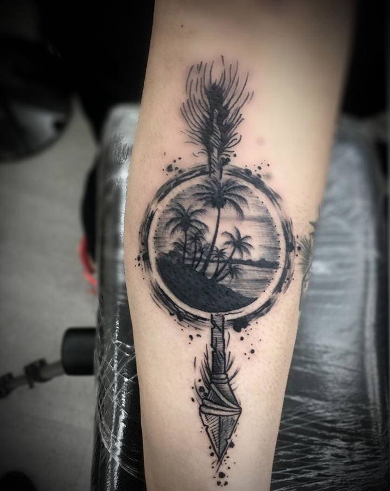 椰树风景纹身图片_手臂水墨几何纹身图案