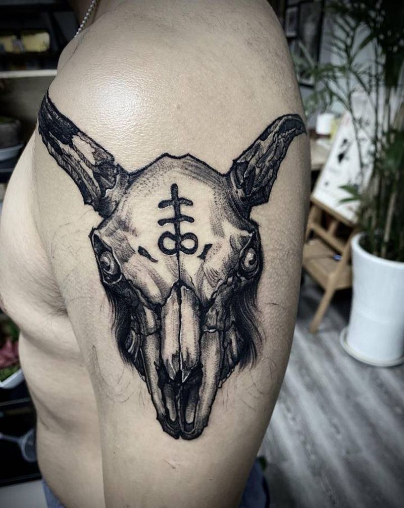 撒旦羊头纹身图片_手臂欧美写实点刺封印 羊头纹身图案