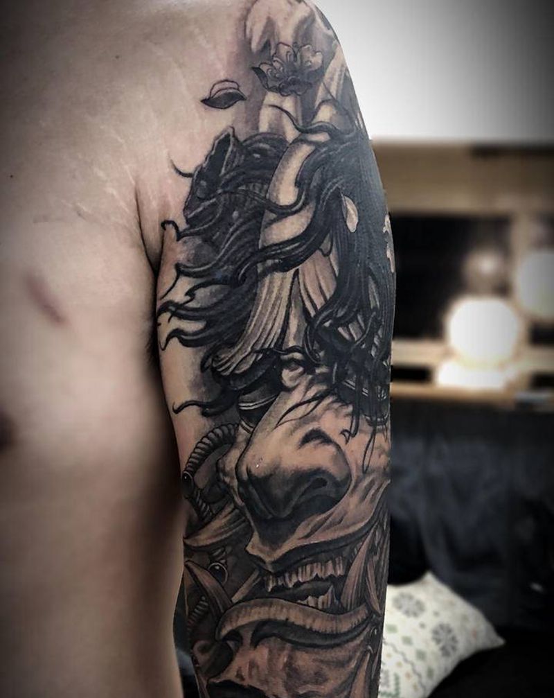 般若遮盖纹身图片_手臂欧美写实新传统纹身图案