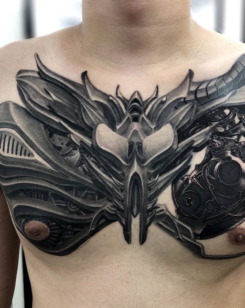 机械胸 未完纹身图片_胸部欧美写实纹身图案